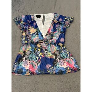 Bebe Floral Print V-Neck Elastic Waist Blouse Blue Multicolor Size 6 15WWT906802